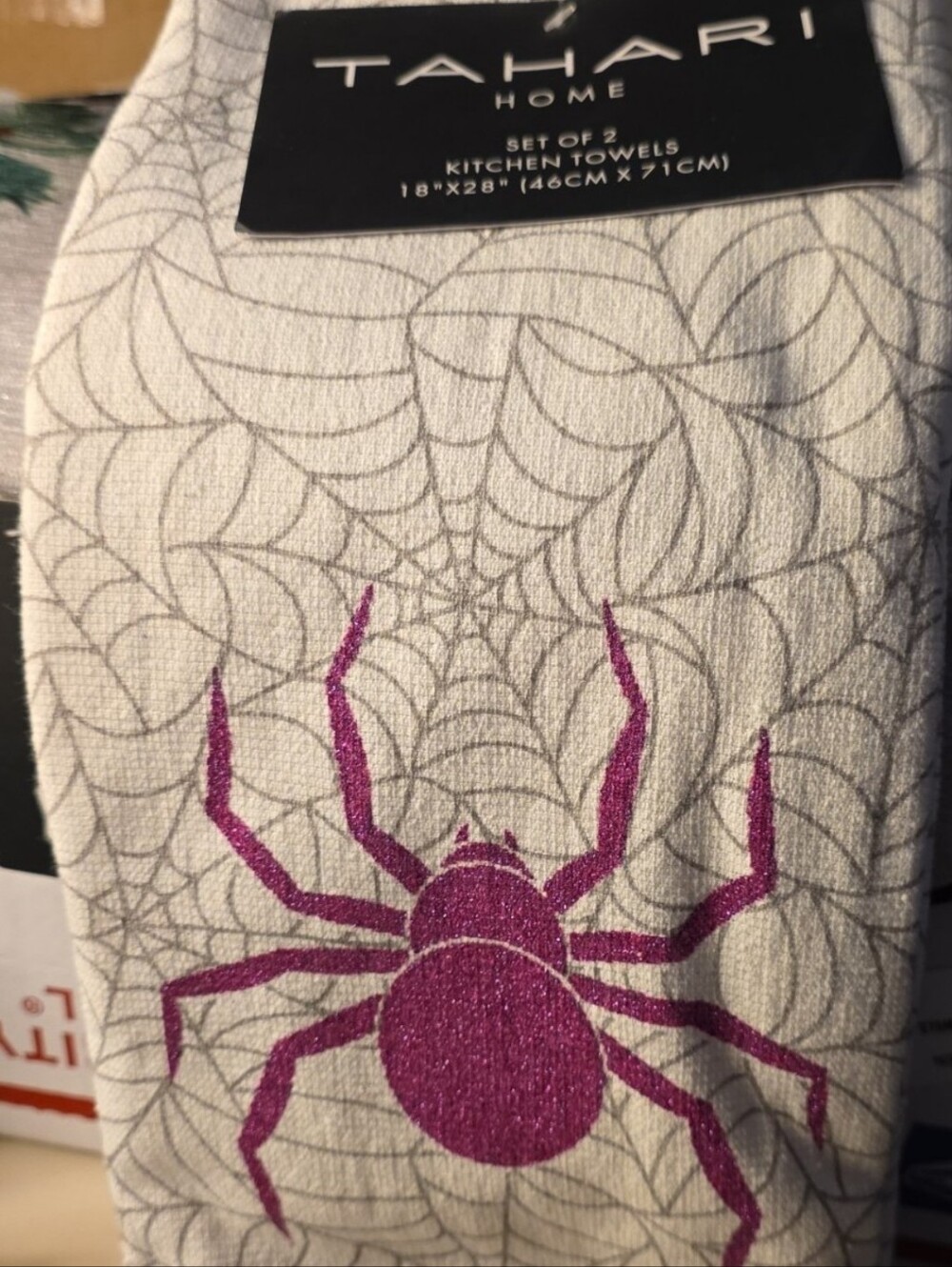 Tahari Set Of 2 Purple Spider Web Cotton Kitchen Towel - White Background